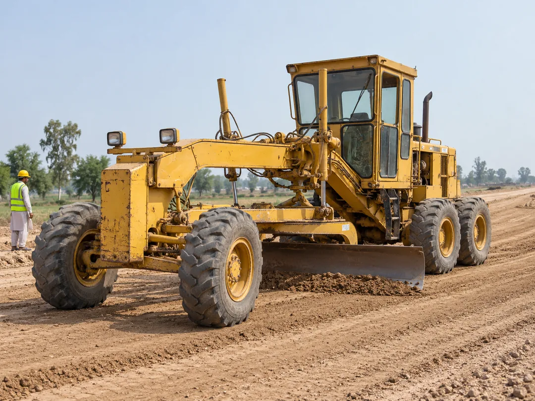 Illustrative motor grader example on a Pakistani rural road; actual unit photos are supplied by verified owners