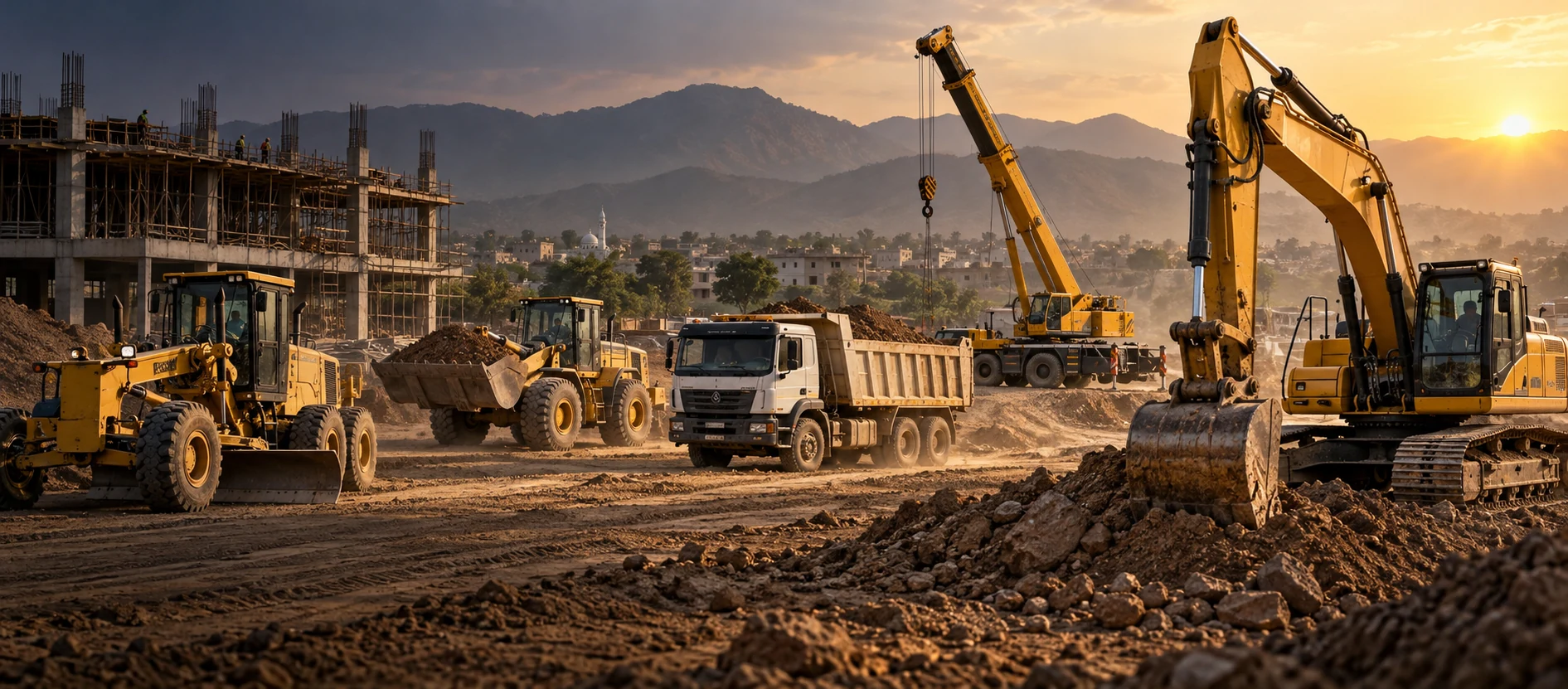 Unbranded earthmoving machines at a Pakistani construction site