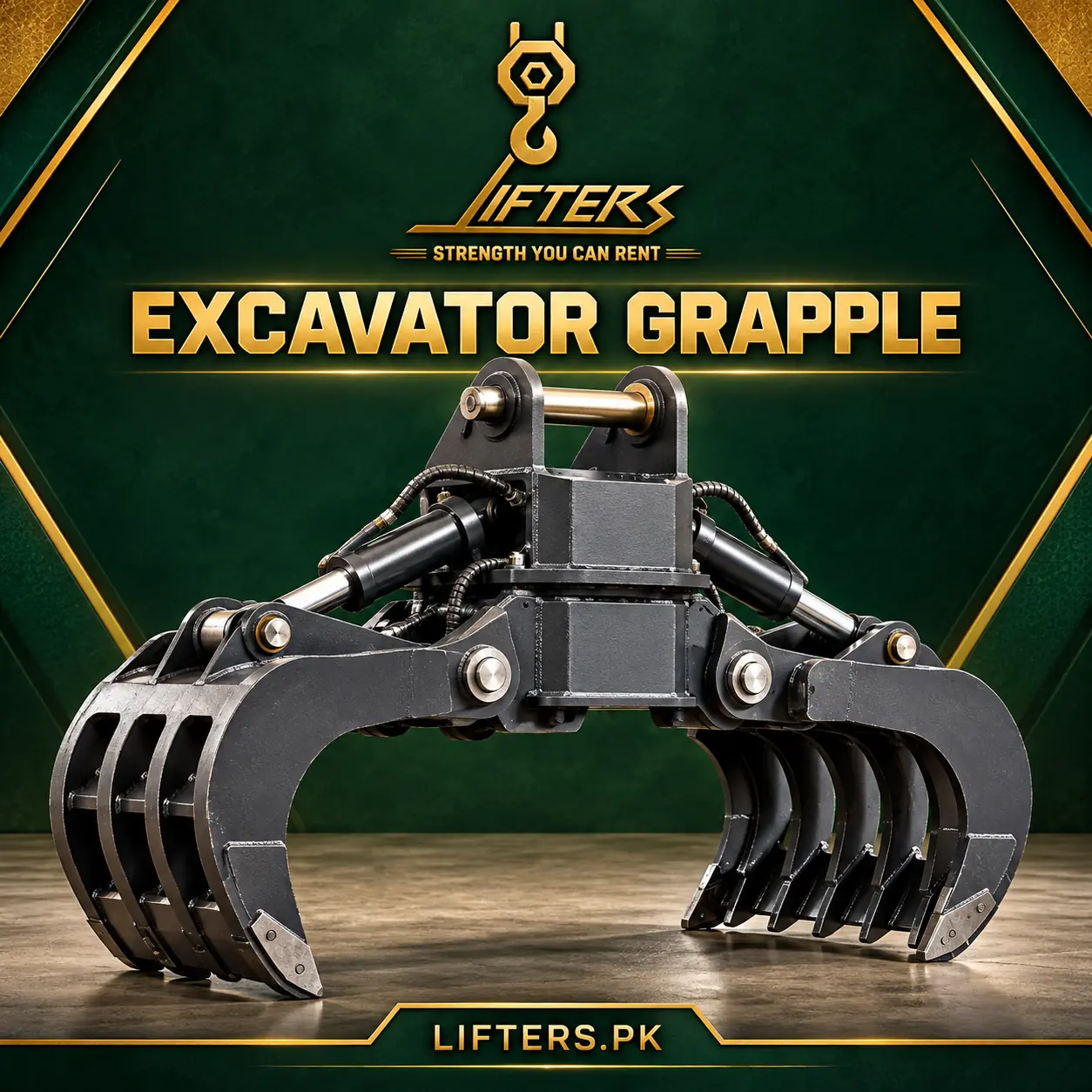 Lifters.pk excavator grapple attachment mockup