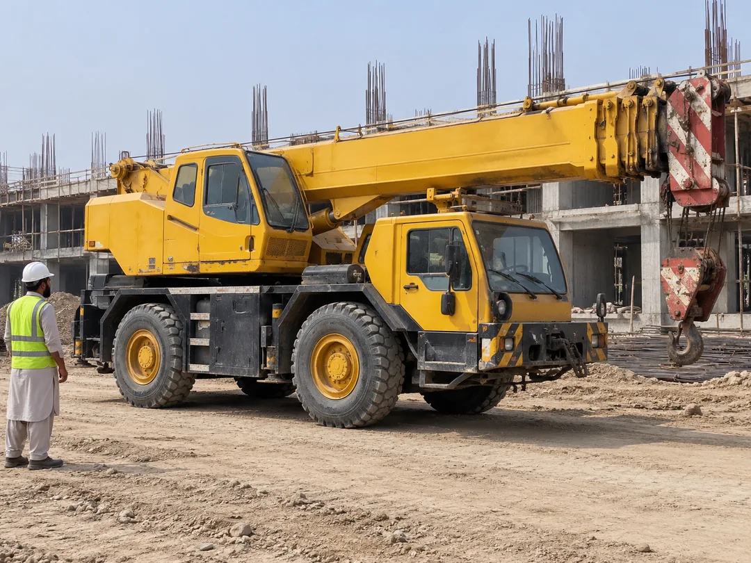 Illustrative mobile crane example at a Pakistani construction site; actual unit photos are supplied by verified owners